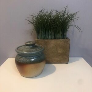 HANDMADE Artist Signed Stoneware Small Lidded Pottery Vase Blue and Brown Ombre